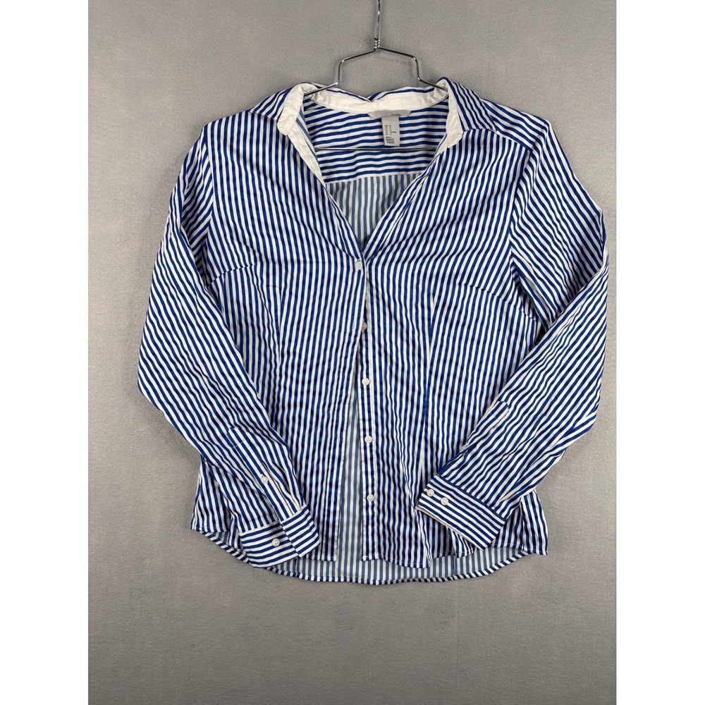 HM Womens Blue White Striped Button Down Shirt Long Sleeve Blouse Size 14